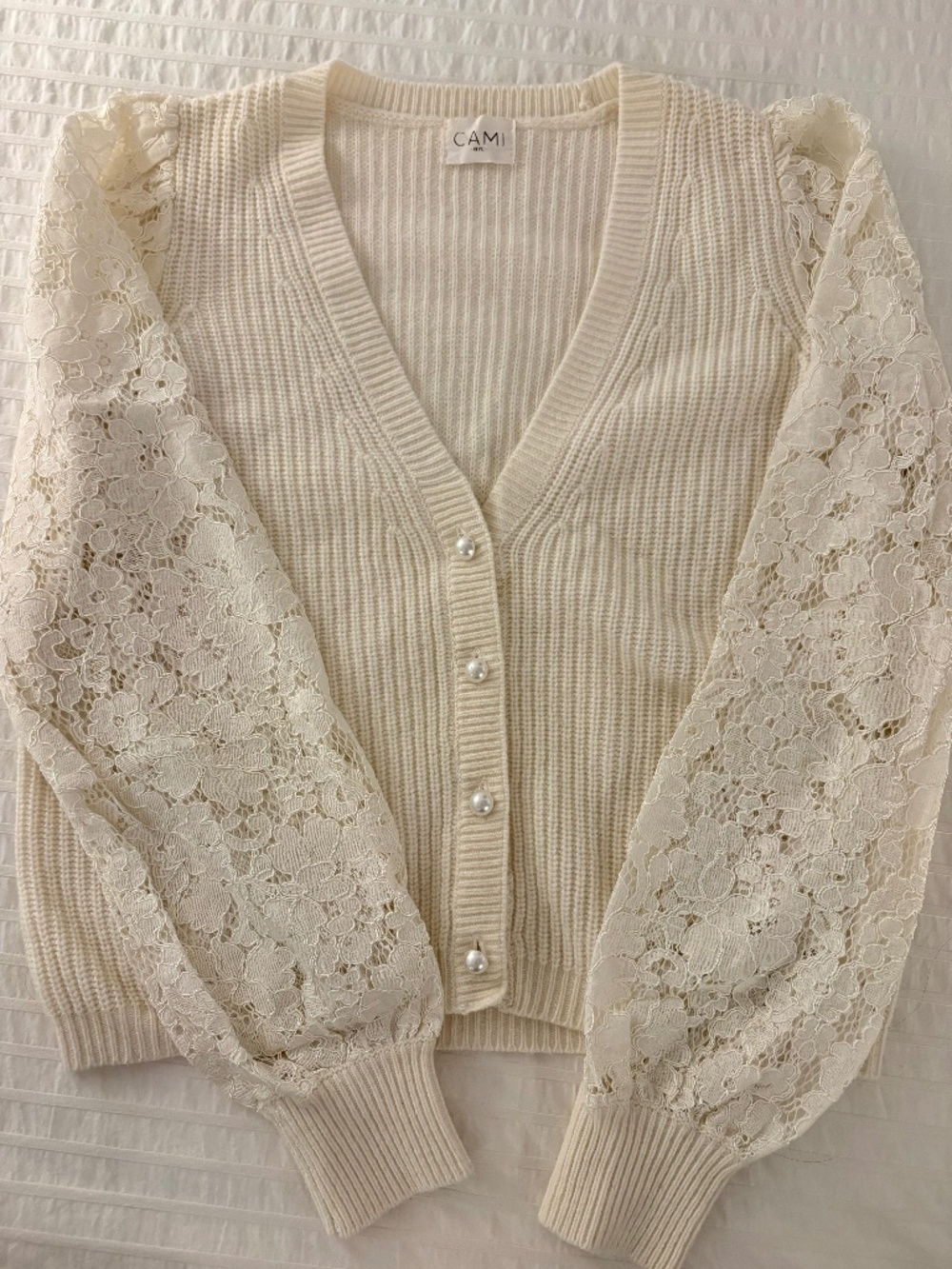 Ivory Merino Wool Lace Sleeve Pearl Button Cardigan